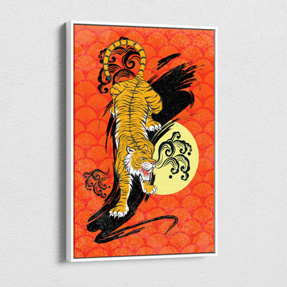 Vibrant orange canvas wall art featuring a stylized yellow tiger with black and white accents in bold asian tattoo style