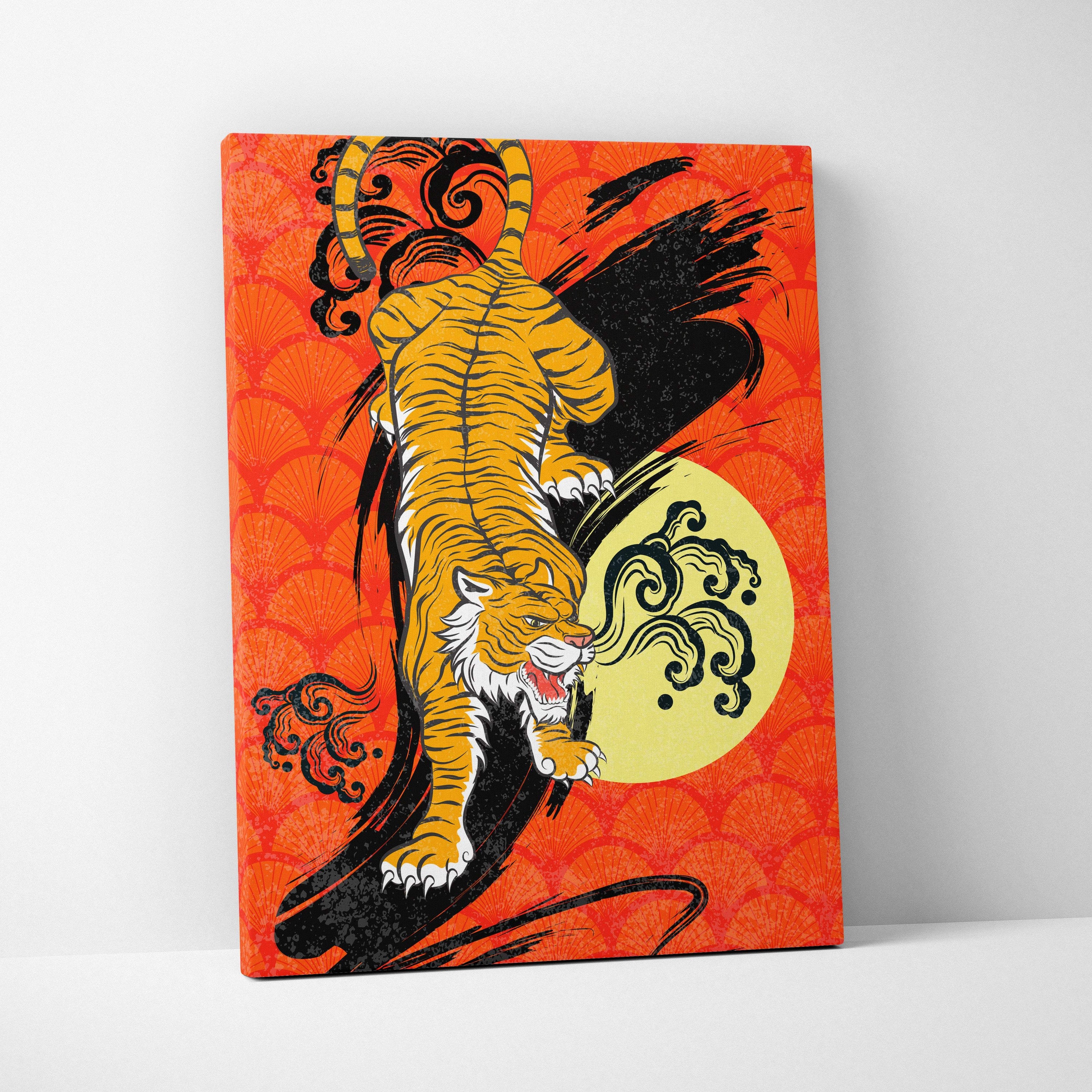Vibrant orange Japanese tiger canvas wall art with bold yellow and black stripes on ornate red and gold background