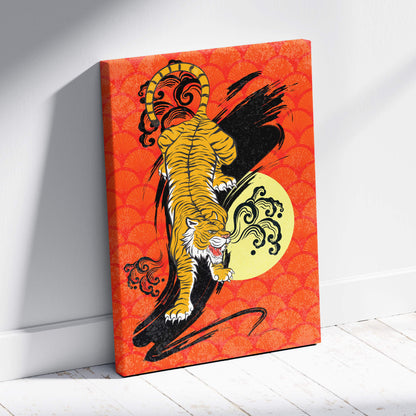 Vibrant orange canvas wall art featuring a dynamic yellow tiger with black stripes and stylized sun ink patterns