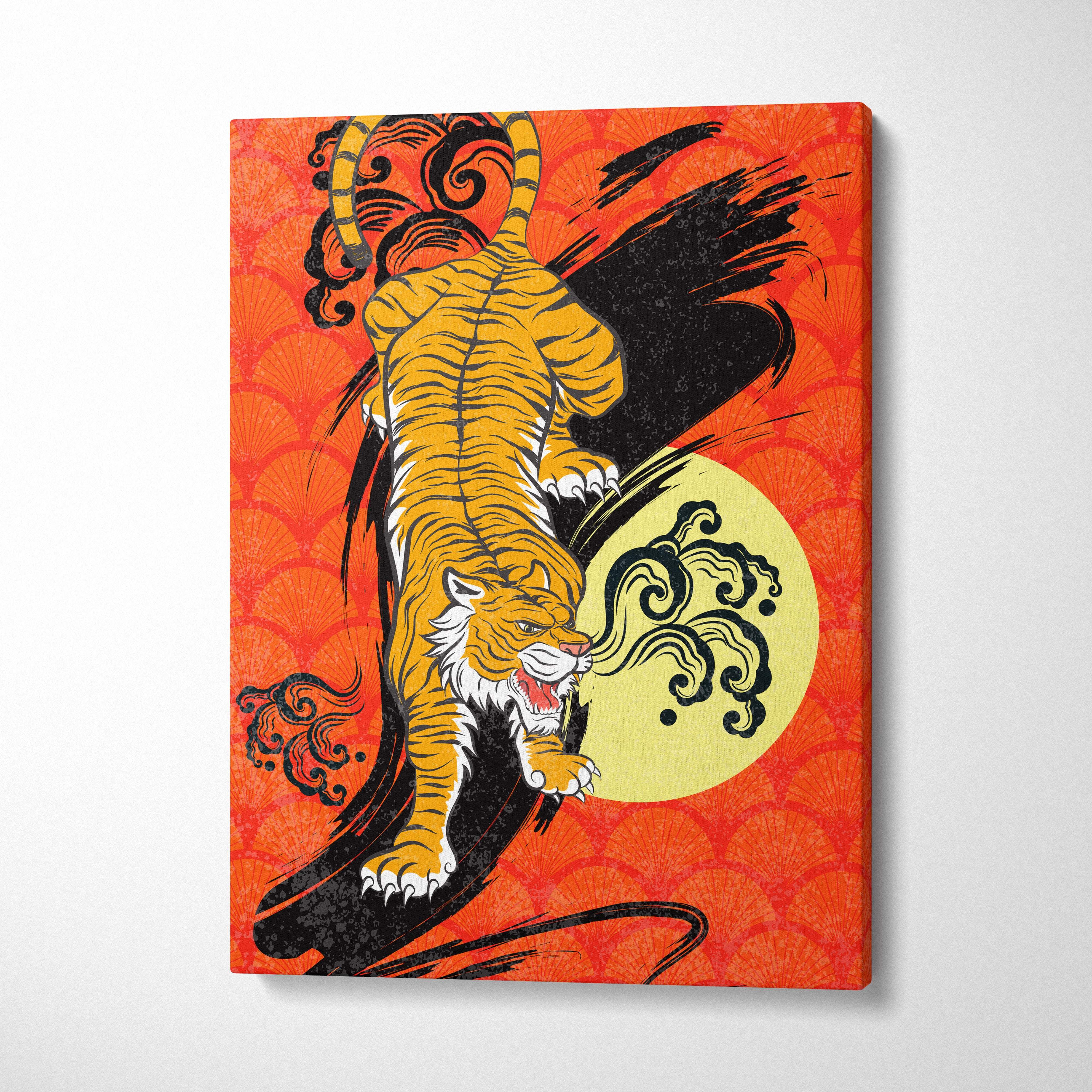 Vibrant orange canvas wall art featuring a stylized yellow tiger with black stripes on a red ornate background