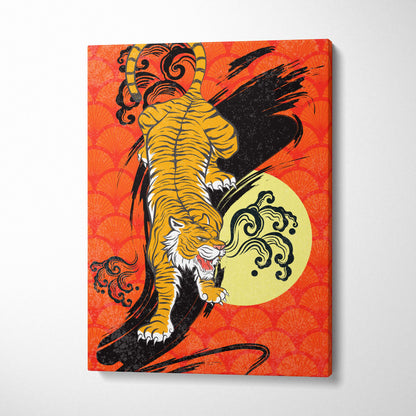 Vibrant orange canvas wall art featuring a stylized yellow tiger with black stripes on a red ornate background