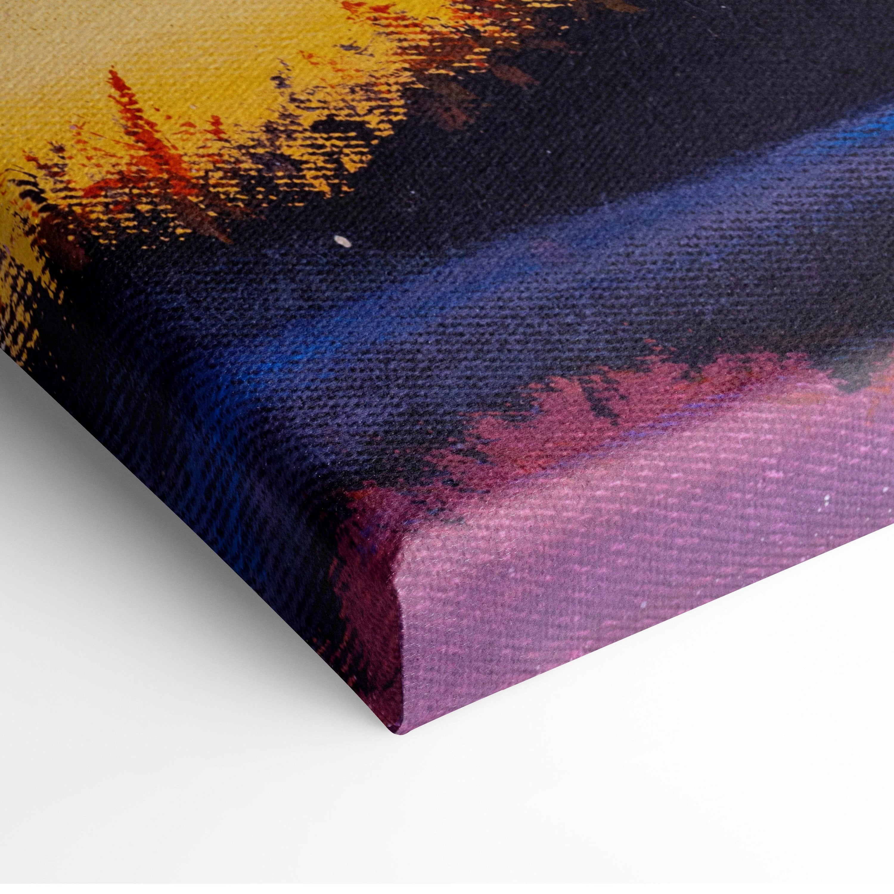 A vibrant abstract canvas print featuring bold yellow deep blue and purple brushstrokes on textured fabric surface