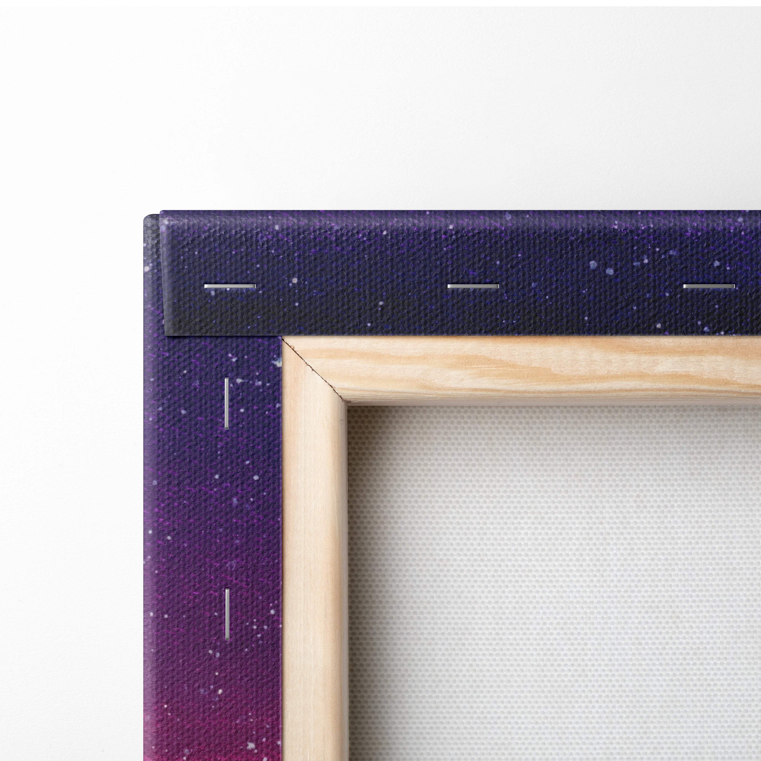 A wooden-framed canvas print featuring a purple to navy blue cosmic gradient with starry speckles in a dreamy night sky design