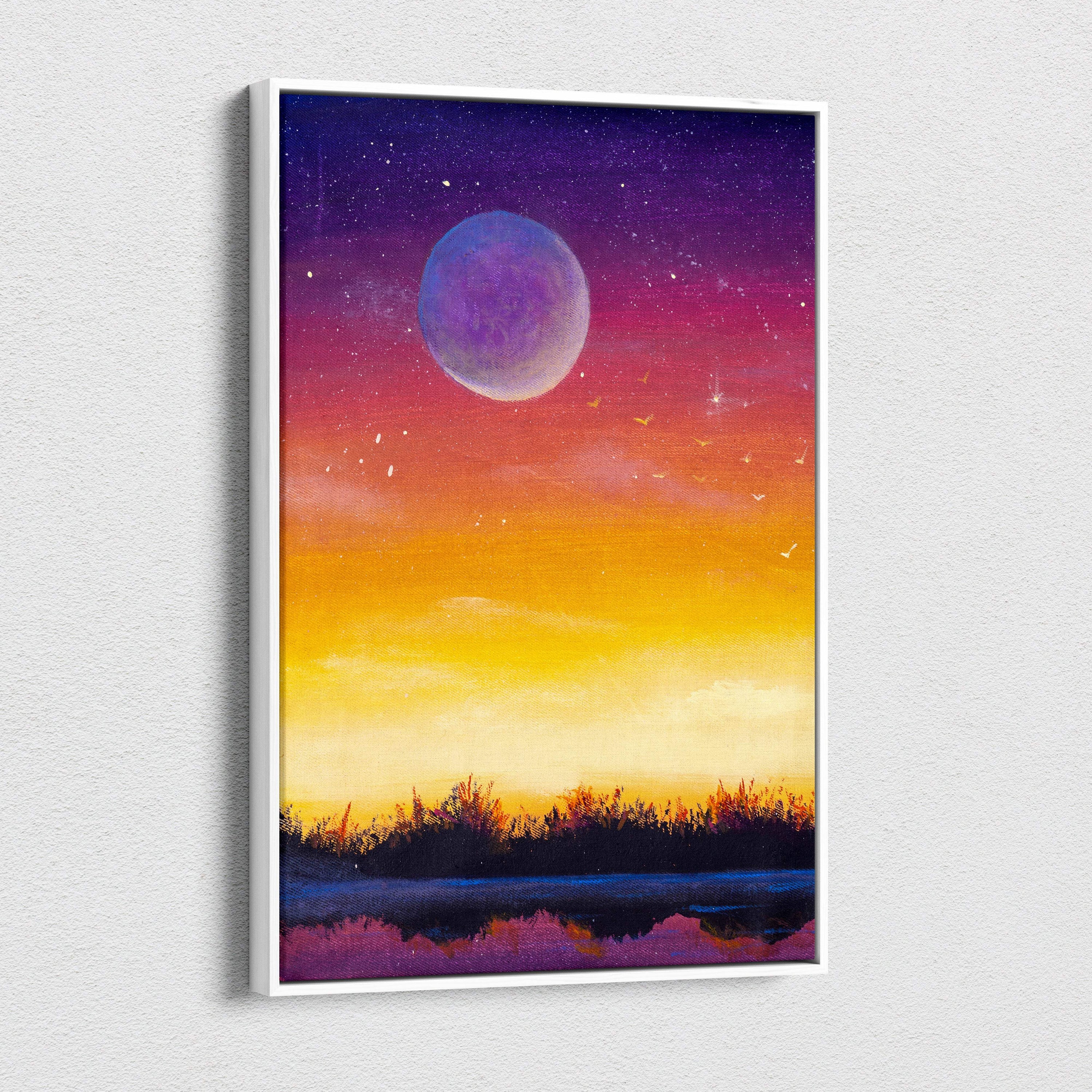 A framed canvas print featuring a vibrant gradient sky with a lavender moon and forest silhouette reflected in water