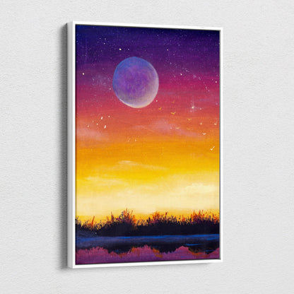A framed canvas print featuring a vibrant gradient sky with a lavender moon and forest silhouette reflected in water