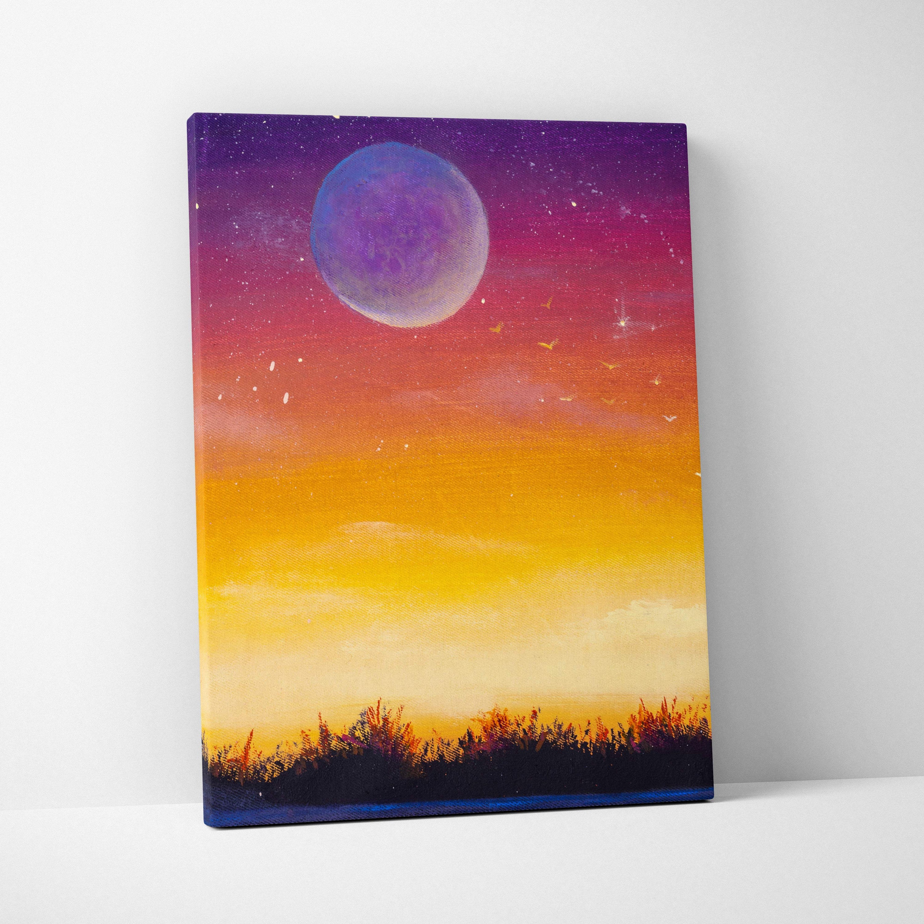 Moonlit sunset landscape canvas print with vibrant gradient sky purple moon and silhouetted grass in oil painting style