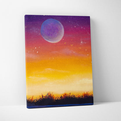 Moonlit sunset landscape canvas print with vibrant gradient sky purple moon and silhouetted grass in oil painting style
