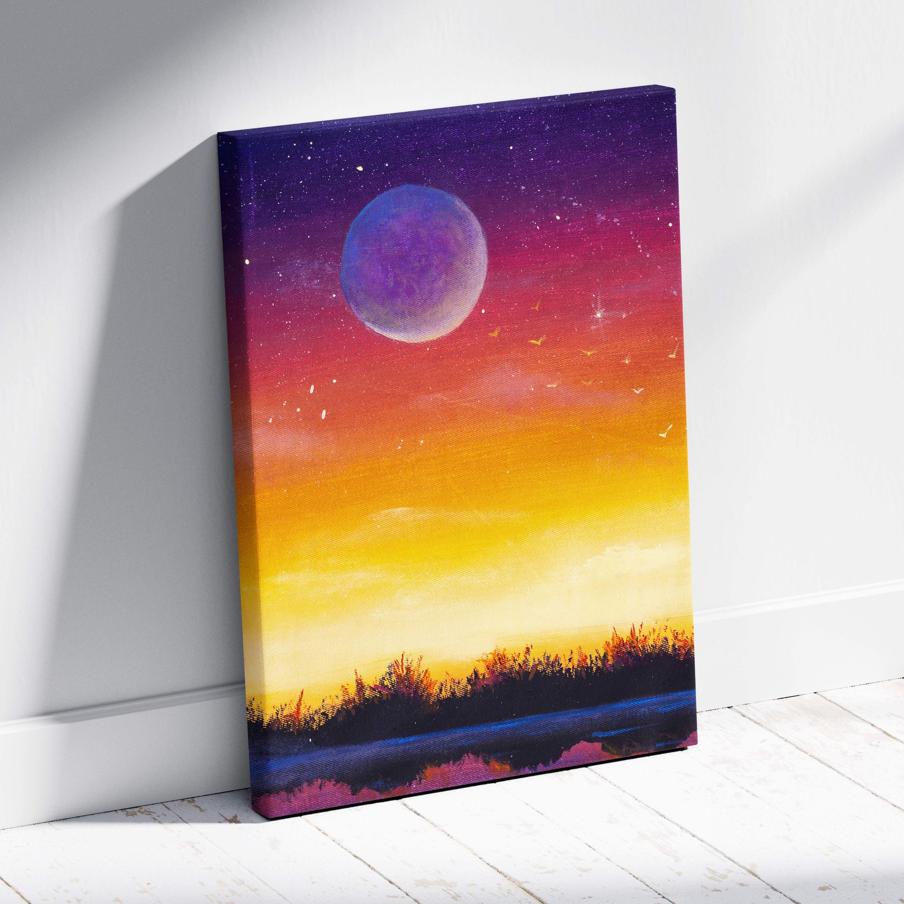 Moonlit sunset landscape canvas print with a surreal purple moon glowing over golden orange horizon and starry sky silhouette