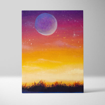 Rectangular canvas print of a moonlit sunset landscape with a purple moon orange gradient sky and silhouetted grass