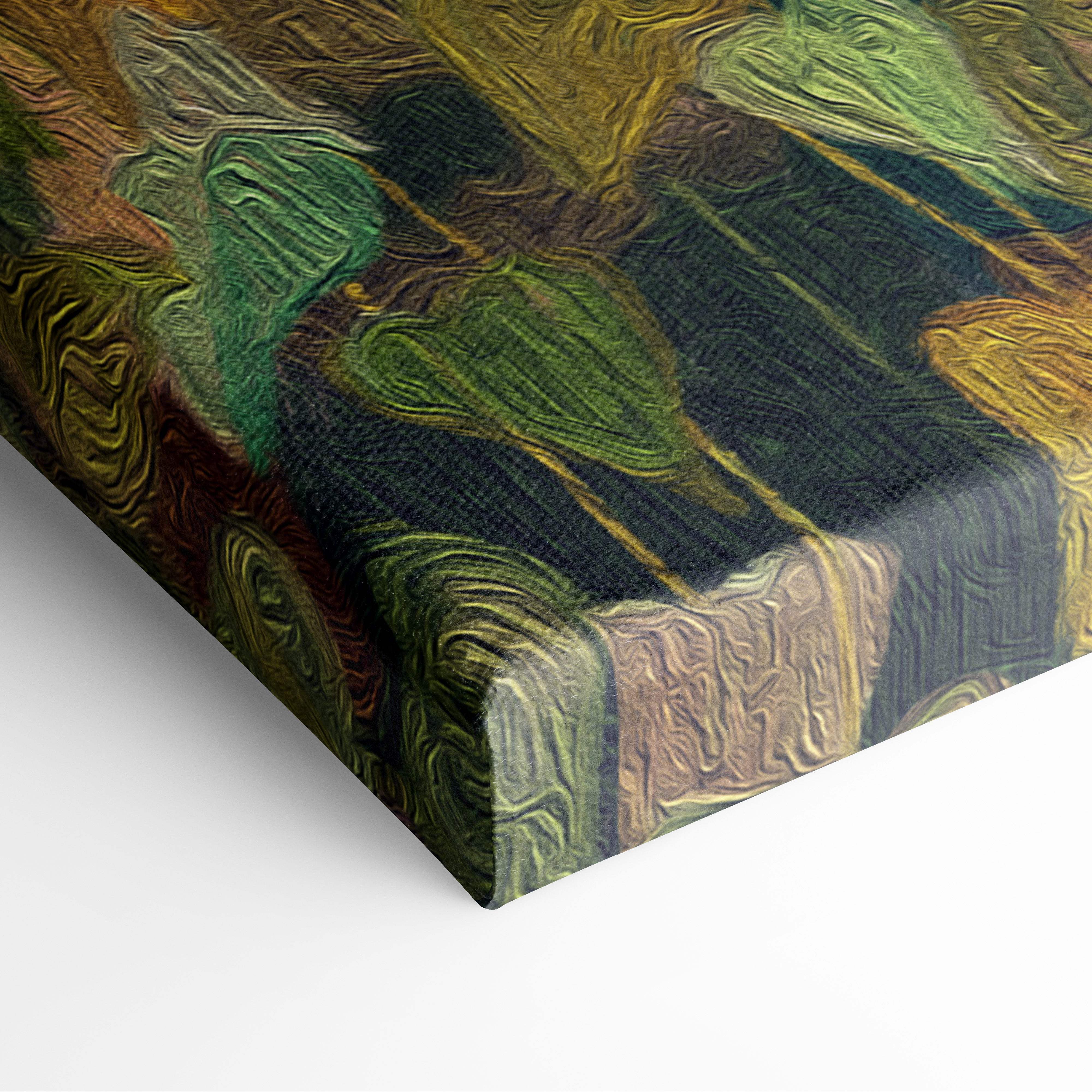 Canvas print of a textured impressionistic golden sunflower field with swirling greens yellows and rustic floral tones