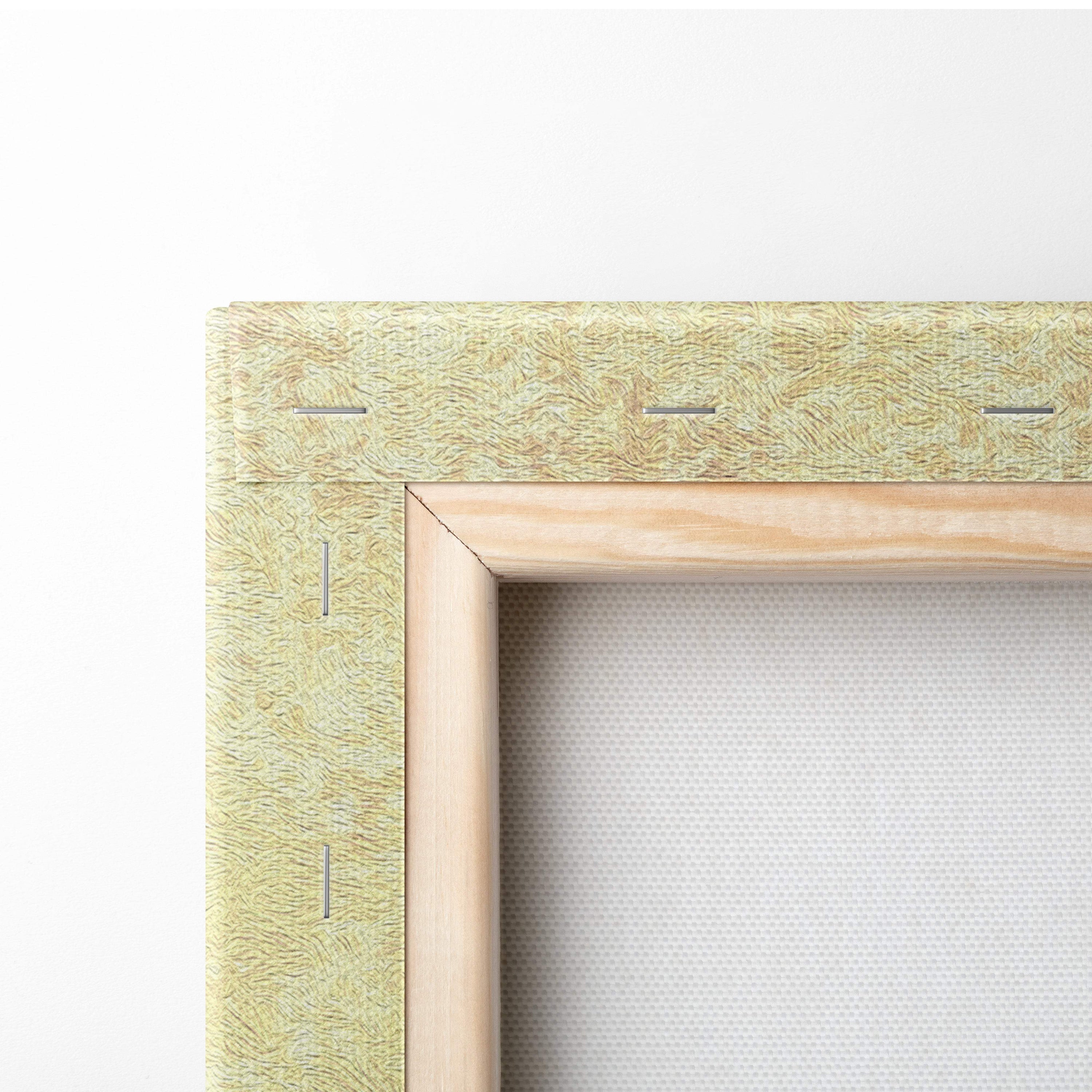 Light green textured canvas framed with natural wood border of golden sunflower field floral landscape wall art print