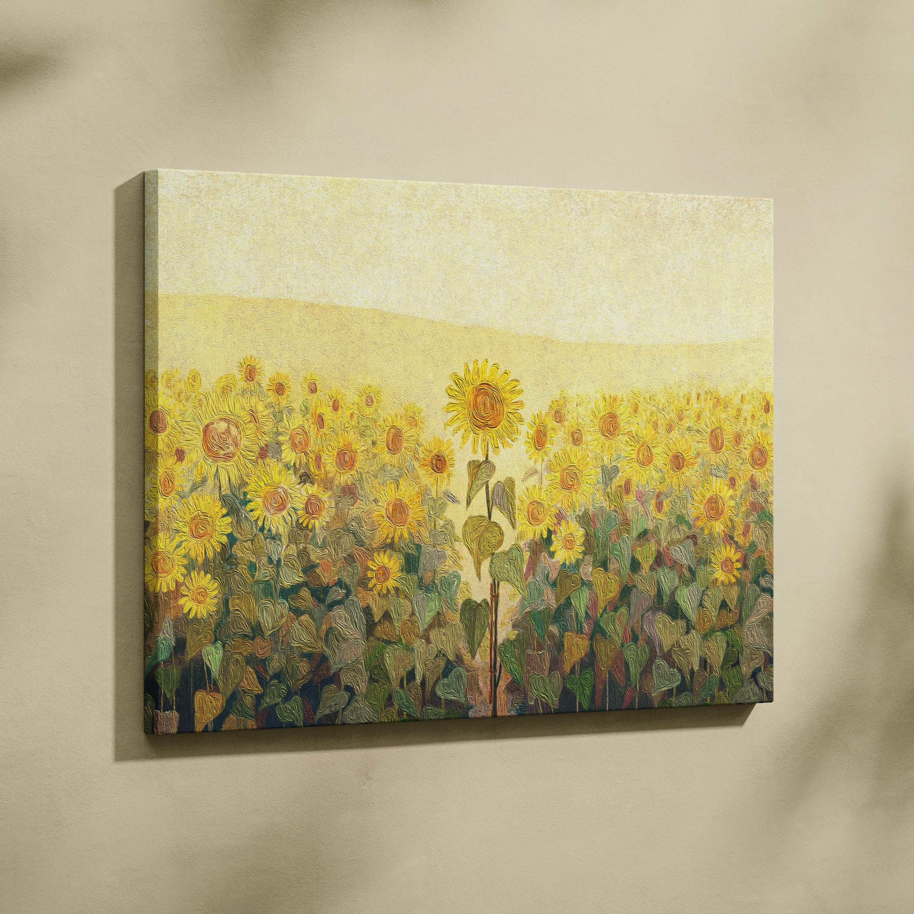 Golden sunflower field painting style wall art canvas print with vibrant yellow sunflowers and warm earthy textured brushstrokes