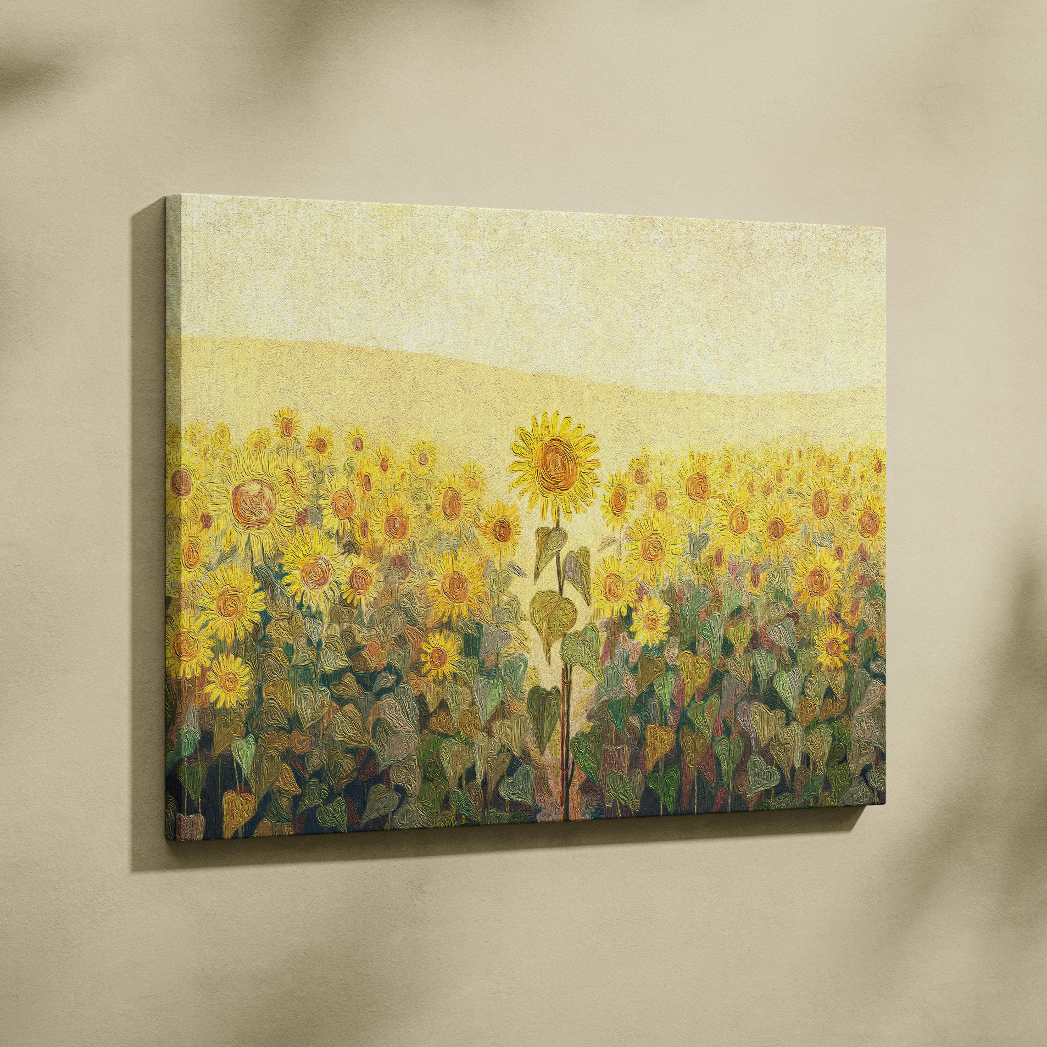 Golden sunflower field painting style wall art canvas print with vibrant yellow sunflowers and warm earthy textured brushstrokes
