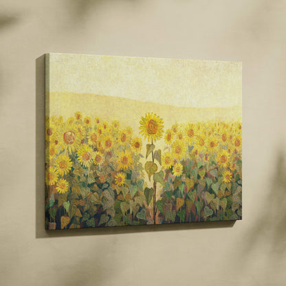 Golden sunflower field painting style wall art canvas print with vibrant yellow sunflowers and warm earthy textured brushstrokes