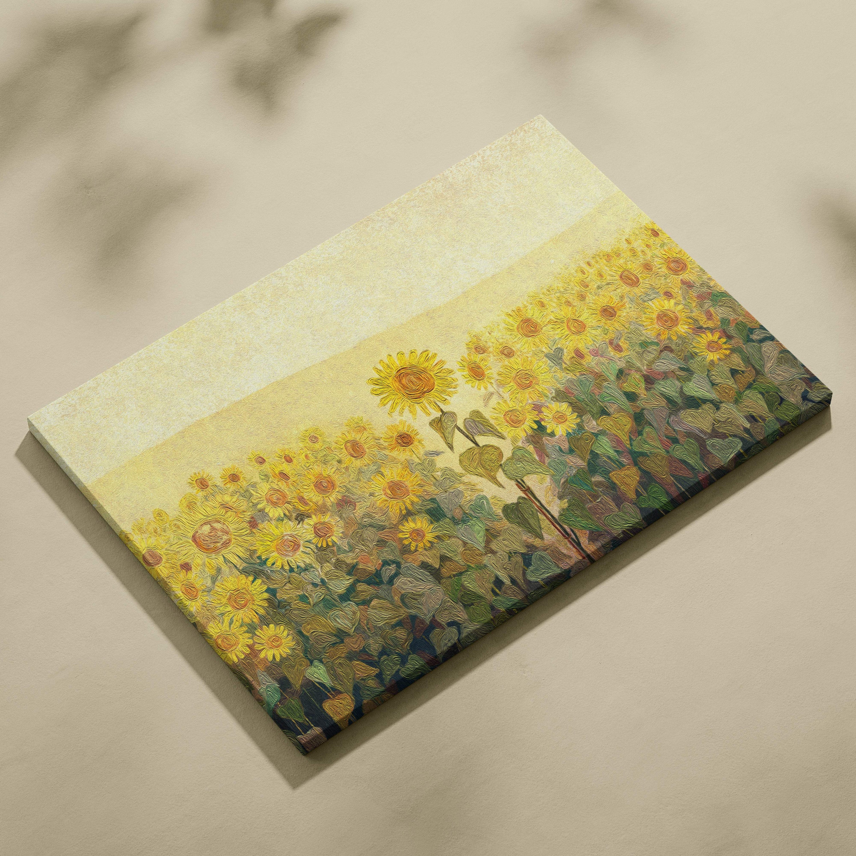 A rectangular canvas print of a vibrant golden sunflower field in textured brushstrokes inspired by van gogh style