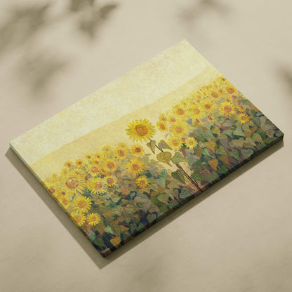 A rectangular canvas print of a vibrant golden sunflower field in textured brushstrokes inspired by van gogh style