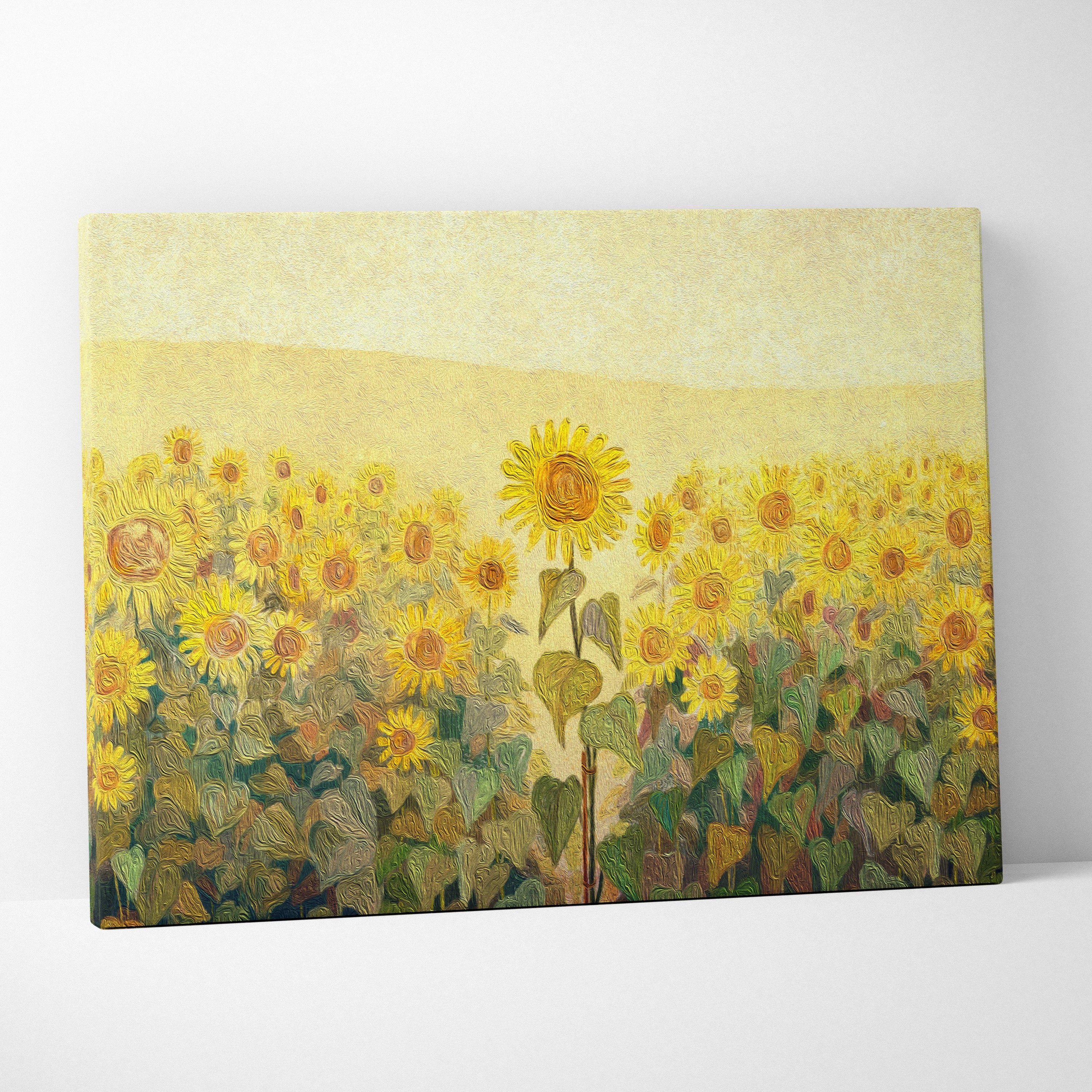 Golden sunflower field canvas print with textured brushstrokes green foliage warm rustic floral landscape wall art