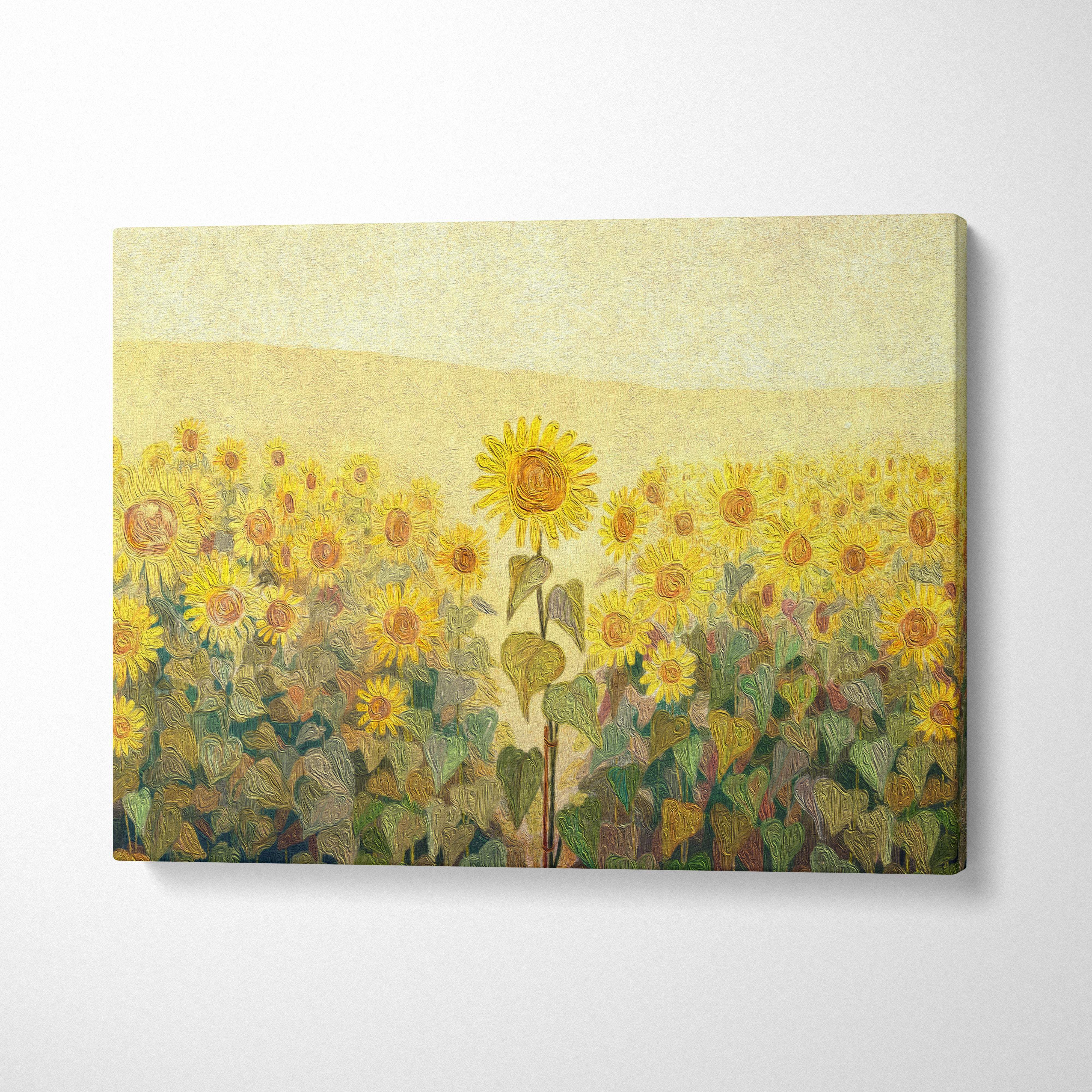 Golden sunflower field painting style canvas print with textured brushstrokes and green foliage wall art