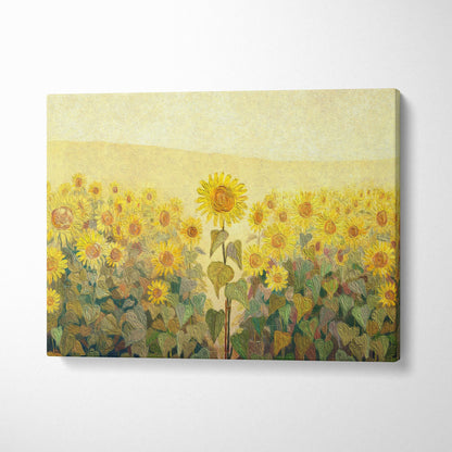 Golden sunflower field painting style canvas print with textured brushstrokes and green foliage wall art