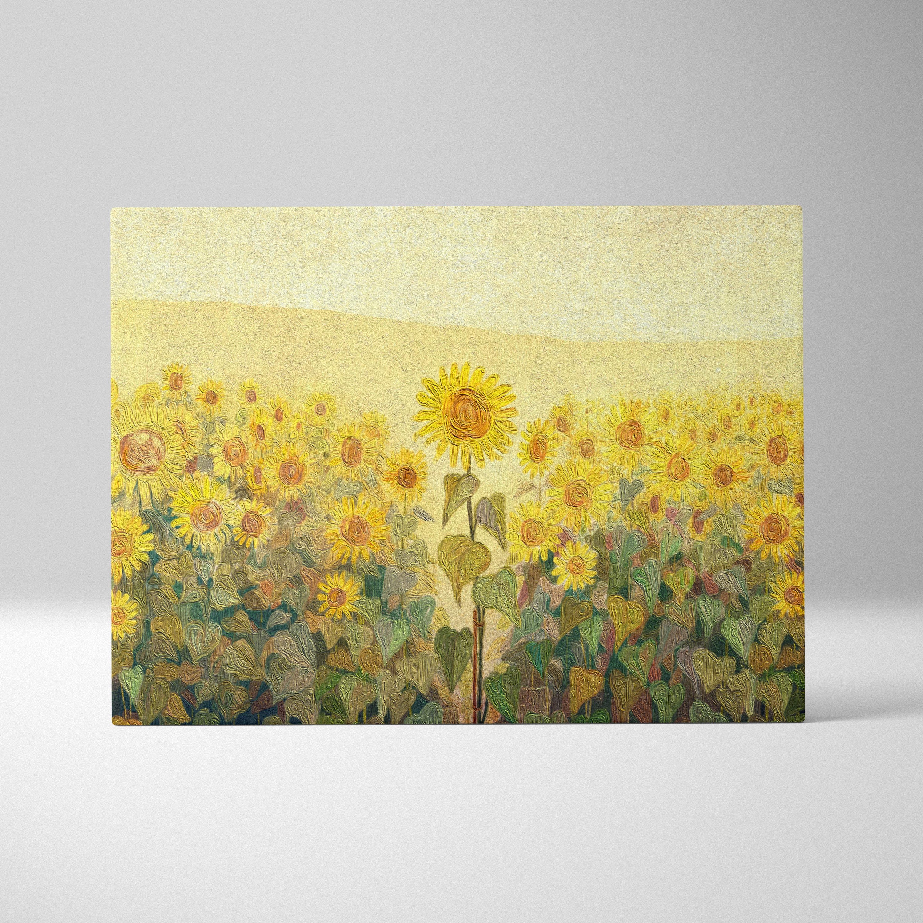 A vibrant yellow sunflower field painting with textured brushstrokes on canvas warm rustic floral wall art