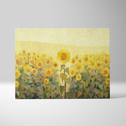 A vibrant yellow sunflower field painting with textured brushstrokes on canvas warm rustic floral wall art