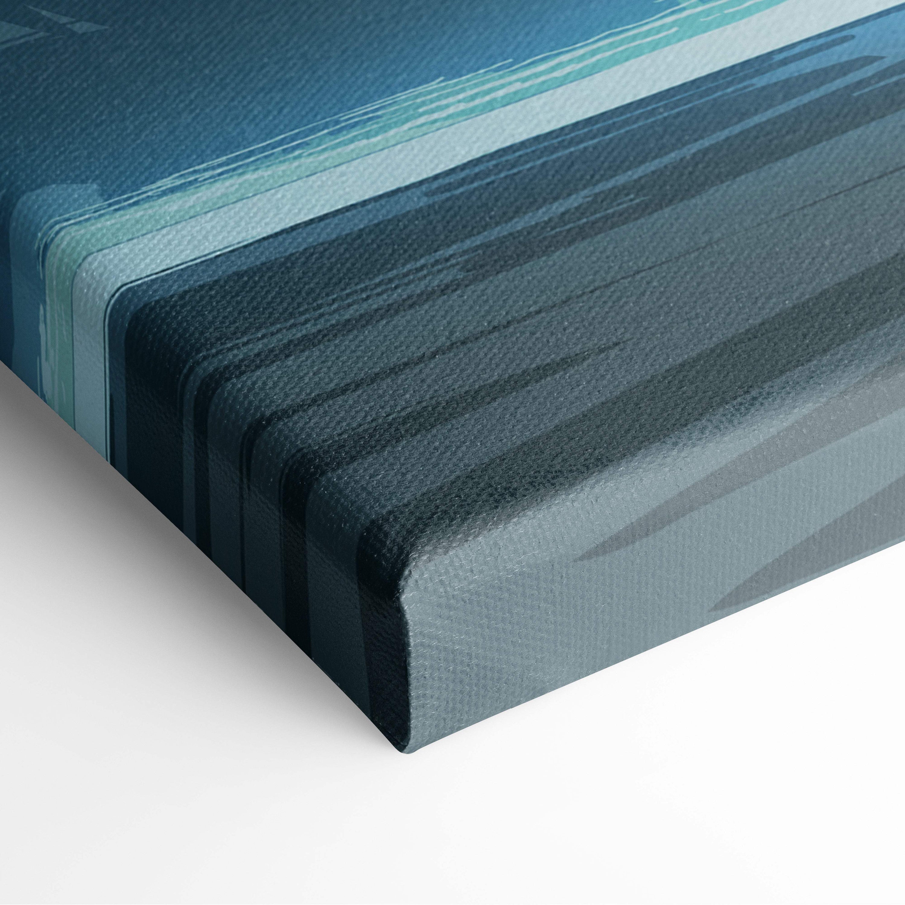 A modern abstract canvas painting with layered blue and teal stripes and textured brushstrokes for gaming room decor