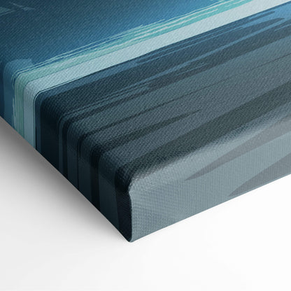 A modern abstract canvas painting with layered blue and teal stripes and textured brushstrokes for gaming room decor
