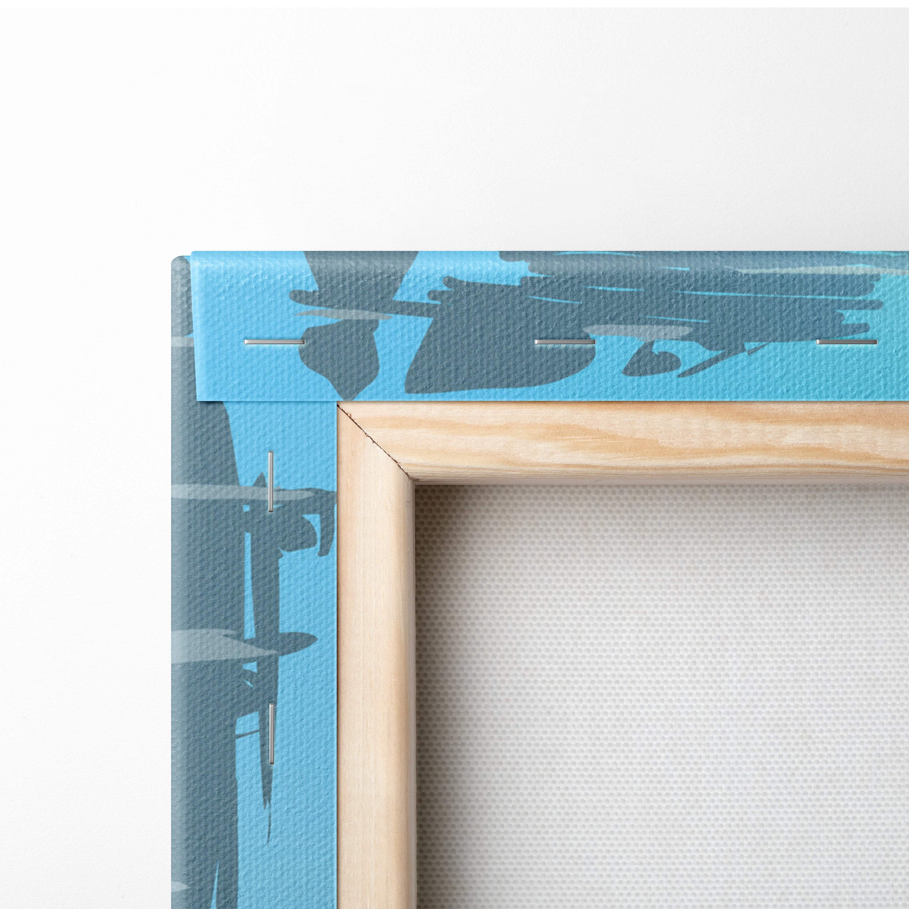 Light wood frame with blue and gray abstract canvas for futuristic girl urban sci fi gaming room wall art print