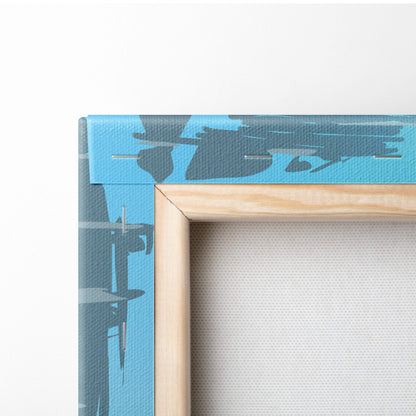 Light wood frame with blue and gray abstract canvas for futuristic girl urban sci fi gaming room wall art print
