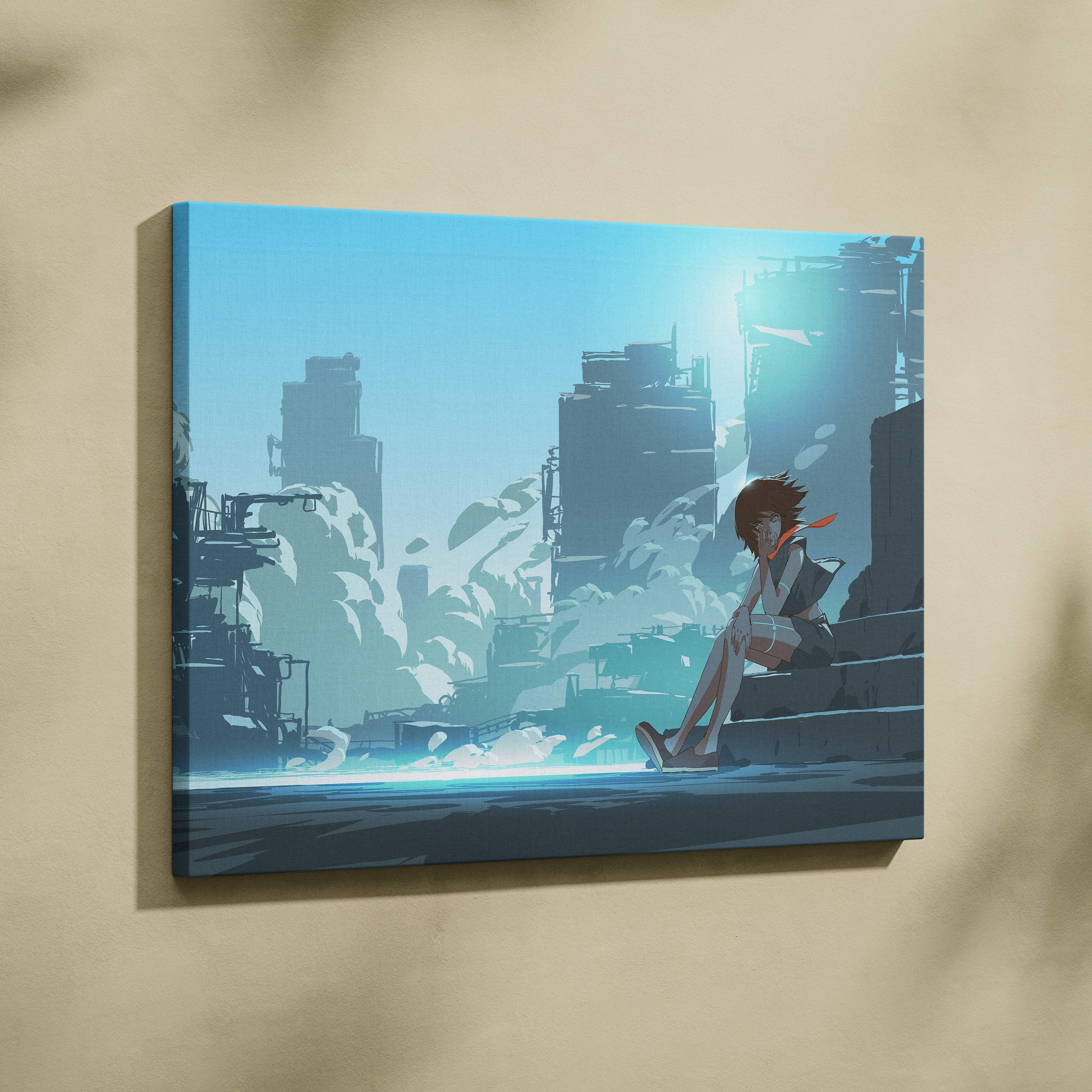 Blue anime city ruins canvas wall art print featuring a brown-haired girl in a futuristic smoke-filled urban scene