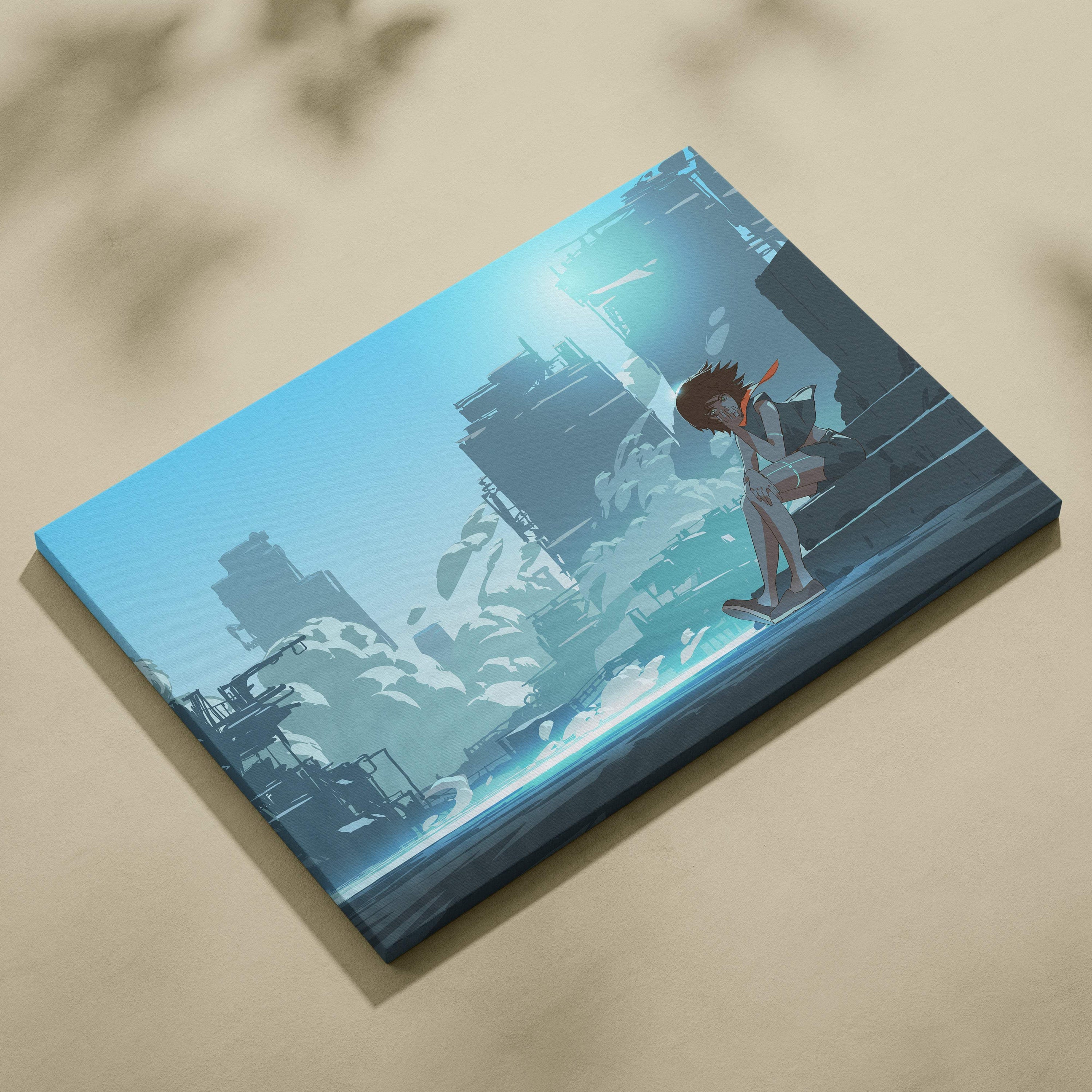 Blue anime city ruins canvas wall art print featuring a brown-haired girl sitting on steps in a futuristic cityscape