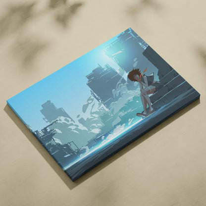 Blue anime city ruins canvas wall art print featuring a brown-haired girl sitting on steps in a futuristic cityscape