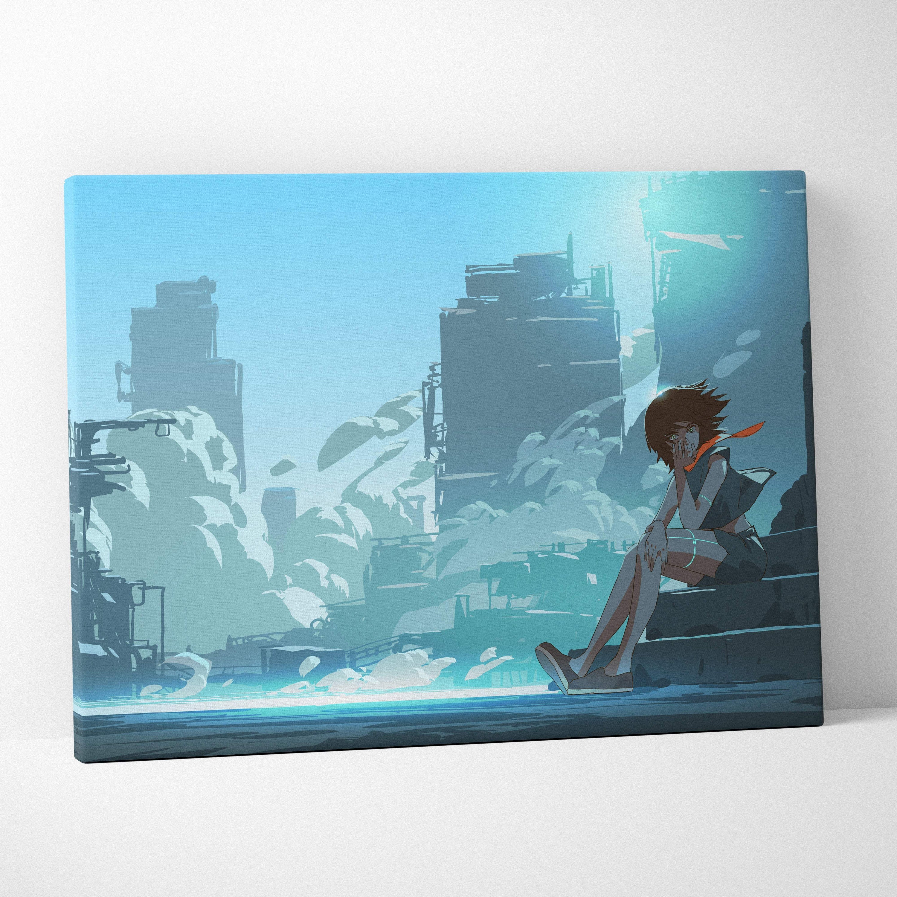Blue anime city ruins canvas wall art print featuring a brown-haired girl with red scarf in futuristic smoke-filled ruins