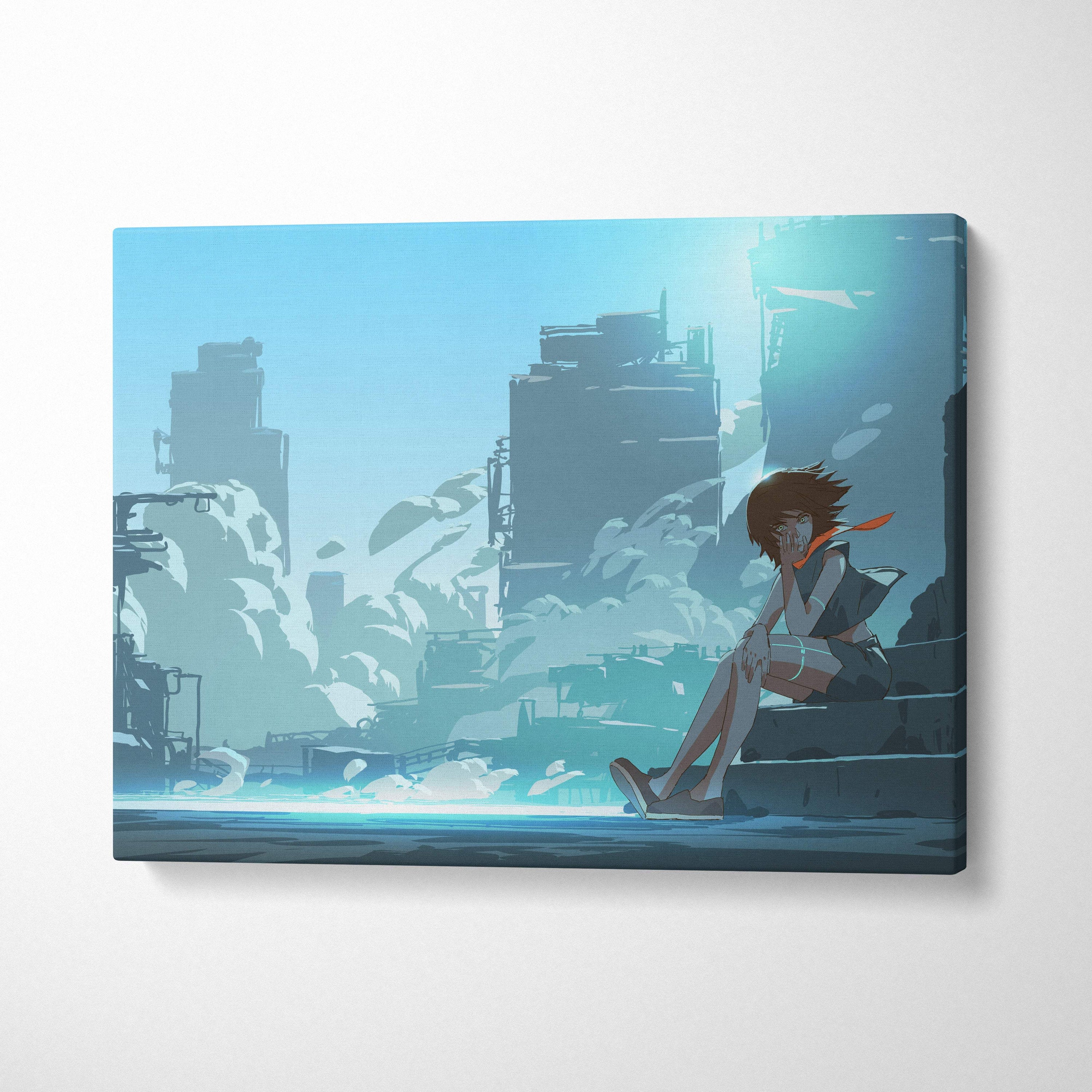 Blue anime city ruins canvas wall art print featuring a stylized girl with brown hair and orange scarf in urban sci fi setting