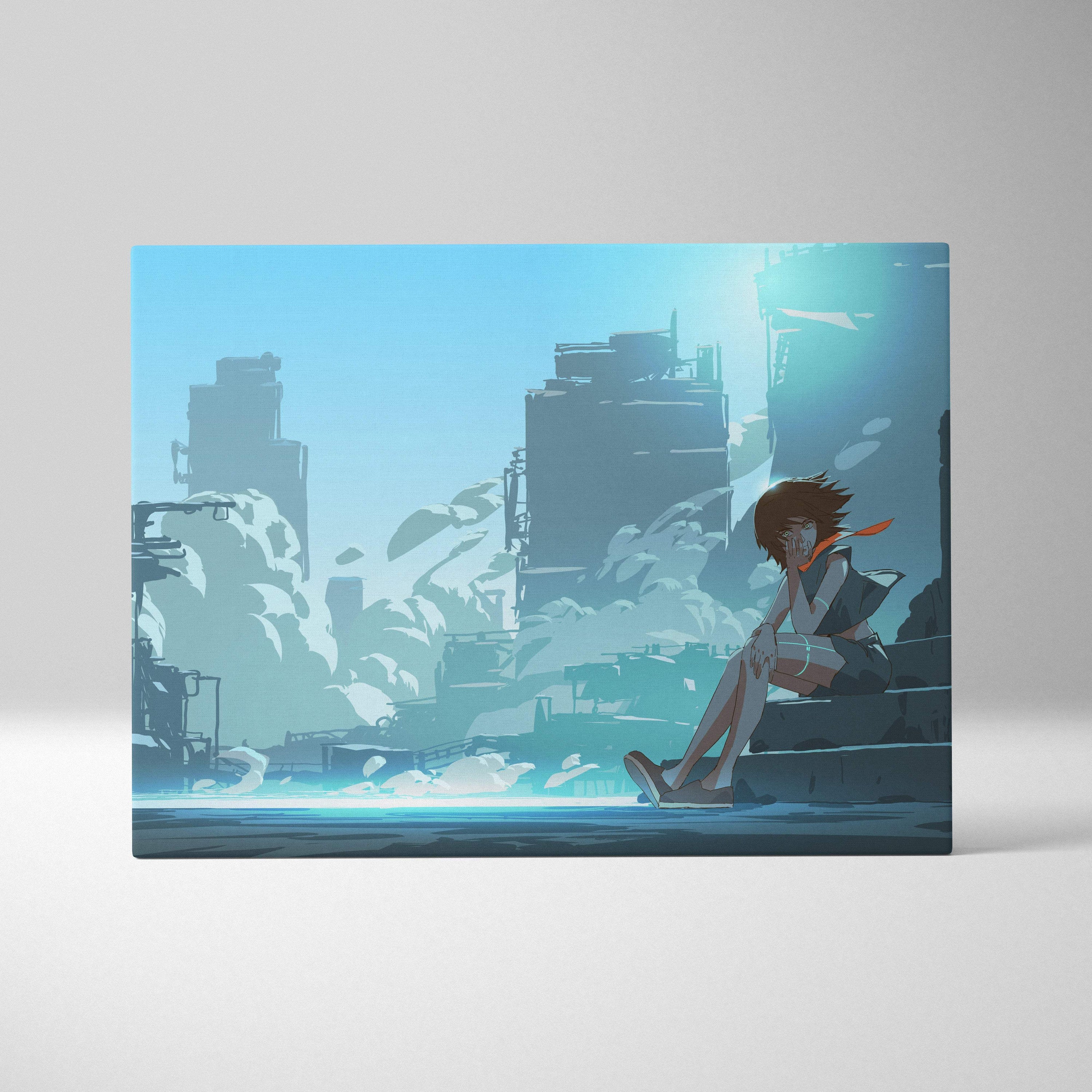 Blue anime city ruins rectangular canvas print featuring a girl with orange scarf in a futuristic urban setting