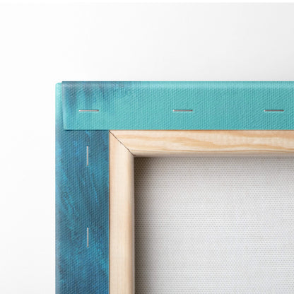 Teal canvas stretched over light wood frame with stitching in contemporary women in blue field canvas wall art design