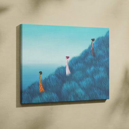 Contemporary women in blue field canvas wall art featuring three stylized figures on a blue hillside in watercolor hues
