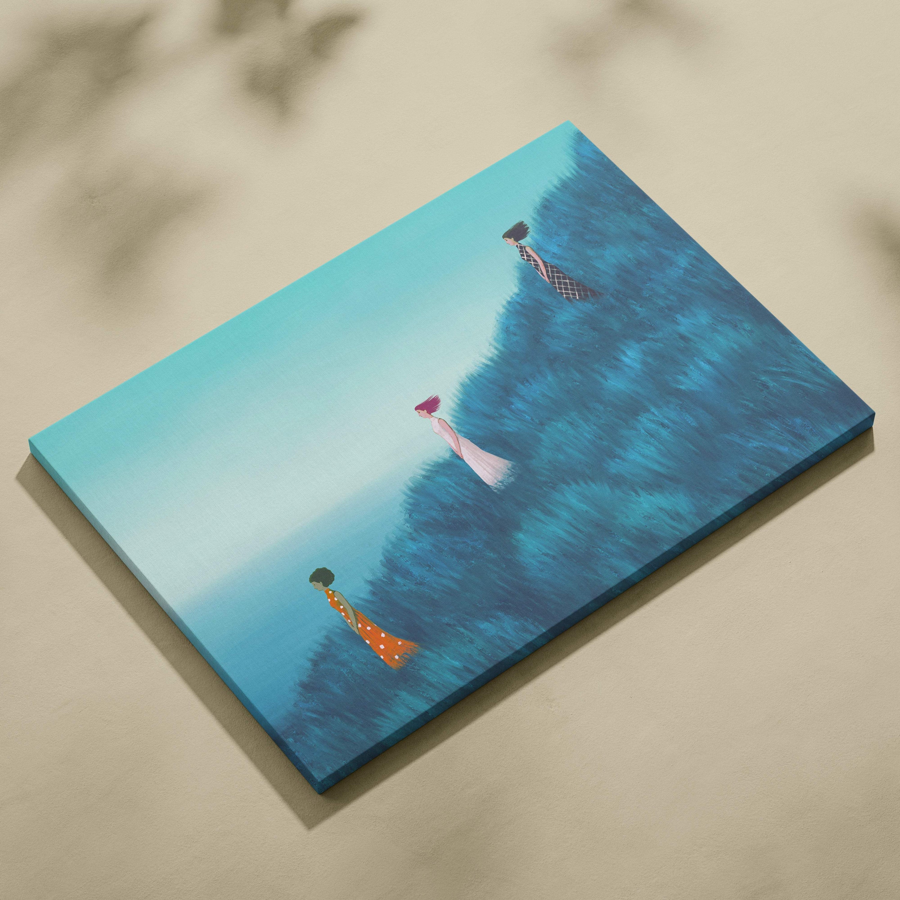 Contemporary women in blue field canvas wall art with three stylized figures in flowing garments against gradient sky