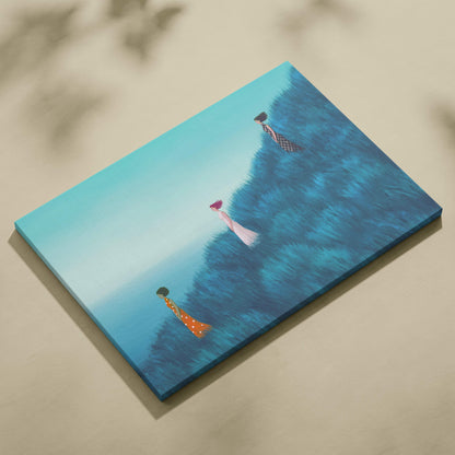 Contemporary women in blue field canvas wall art with three stylized figures in flowing garments against gradient sky