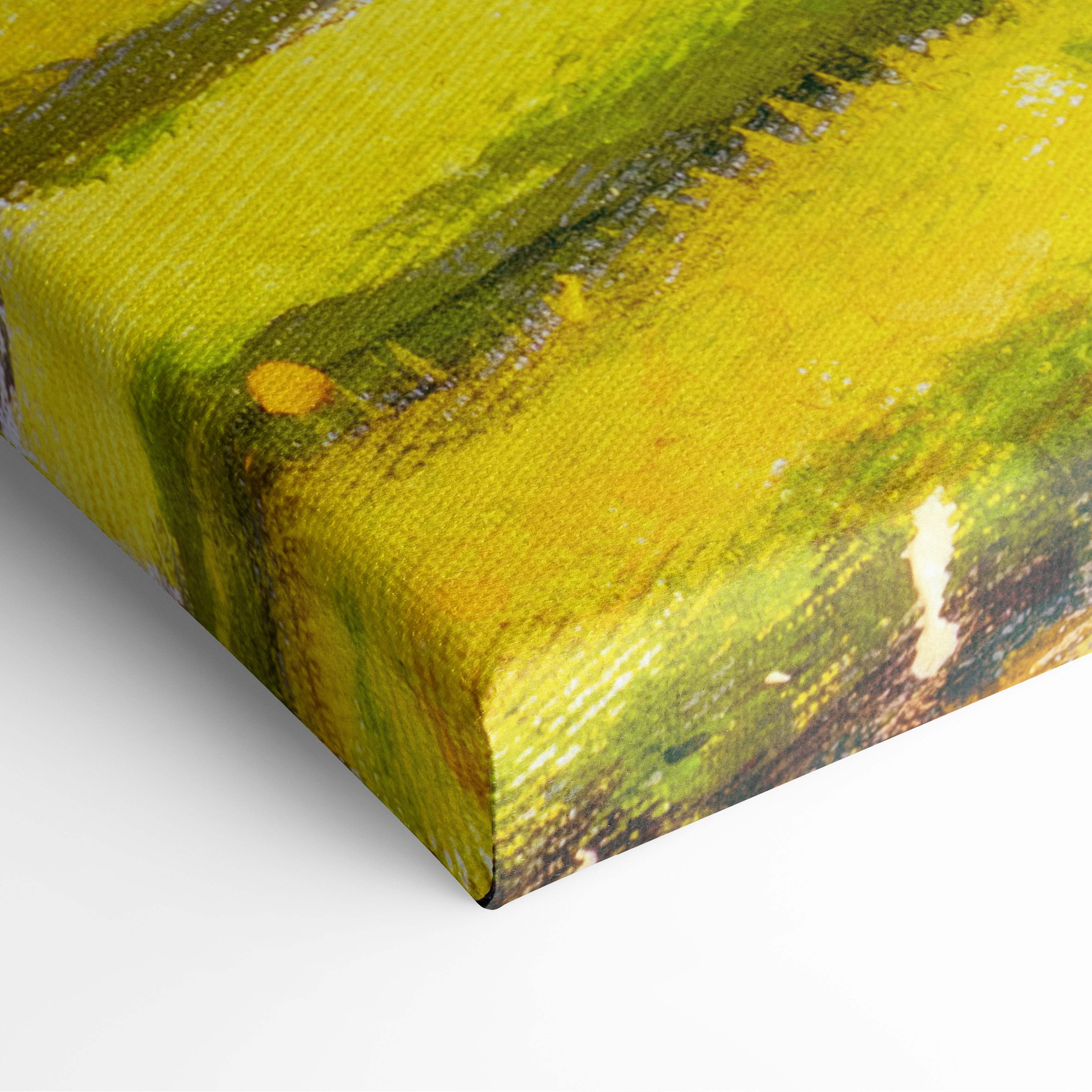Radiant blossom orchard canvas wall art with vibrant yellow and green textured brushstrokes and sunlit pink trees
