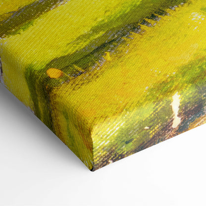Radiant blossom orchard canvas wall art with vibrant yellow and green textured brushstrokes and sunlit pink trees