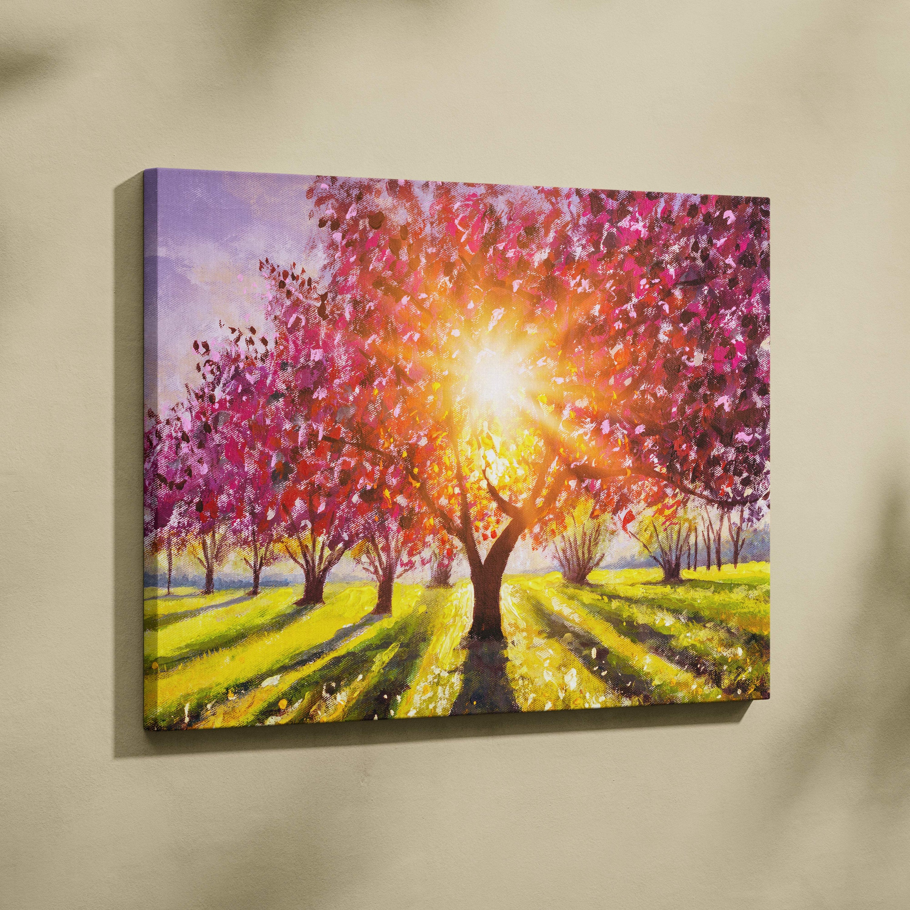 Vibrant canvas painting of a sunlit orchard with pink and magenta blossoms in textured acrylic on stretched fabric