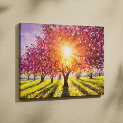 Vibrant canvas painting of a sunlit orchard with pink and magenta blossoms in textured acrylic on stretched fabric