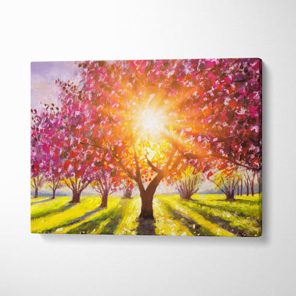 Radiant Blossom Orchard canvas print featuring sunlit pink and orange blossom trees with golden light rays over green field