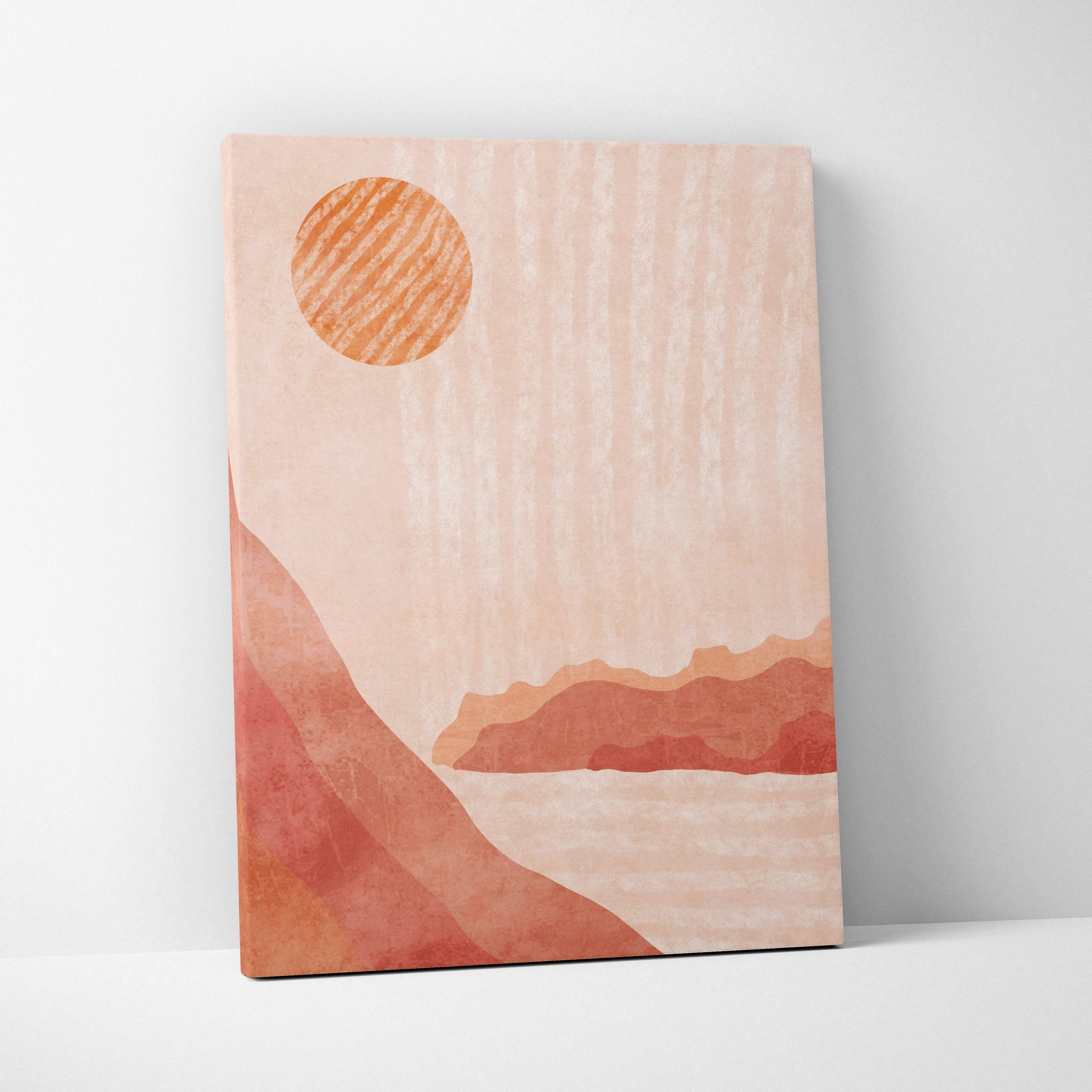 Minimalist canvas print of a warm desert landscape with terracotta sun and layered peach mountains for modern decor