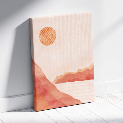Warm desert landscape wall art featuring a minimalist terracotta sun and peach canyon abstract print for boho decor