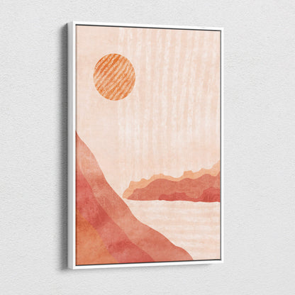 Minimalist framed warm desert landscape wall art with terracotta sun and peach canyon in a textured white frame