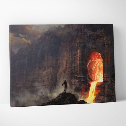 Infernal gate canvas wall art showing a lone warrior before a fiery lava archway in dark fantasy gothic ruins