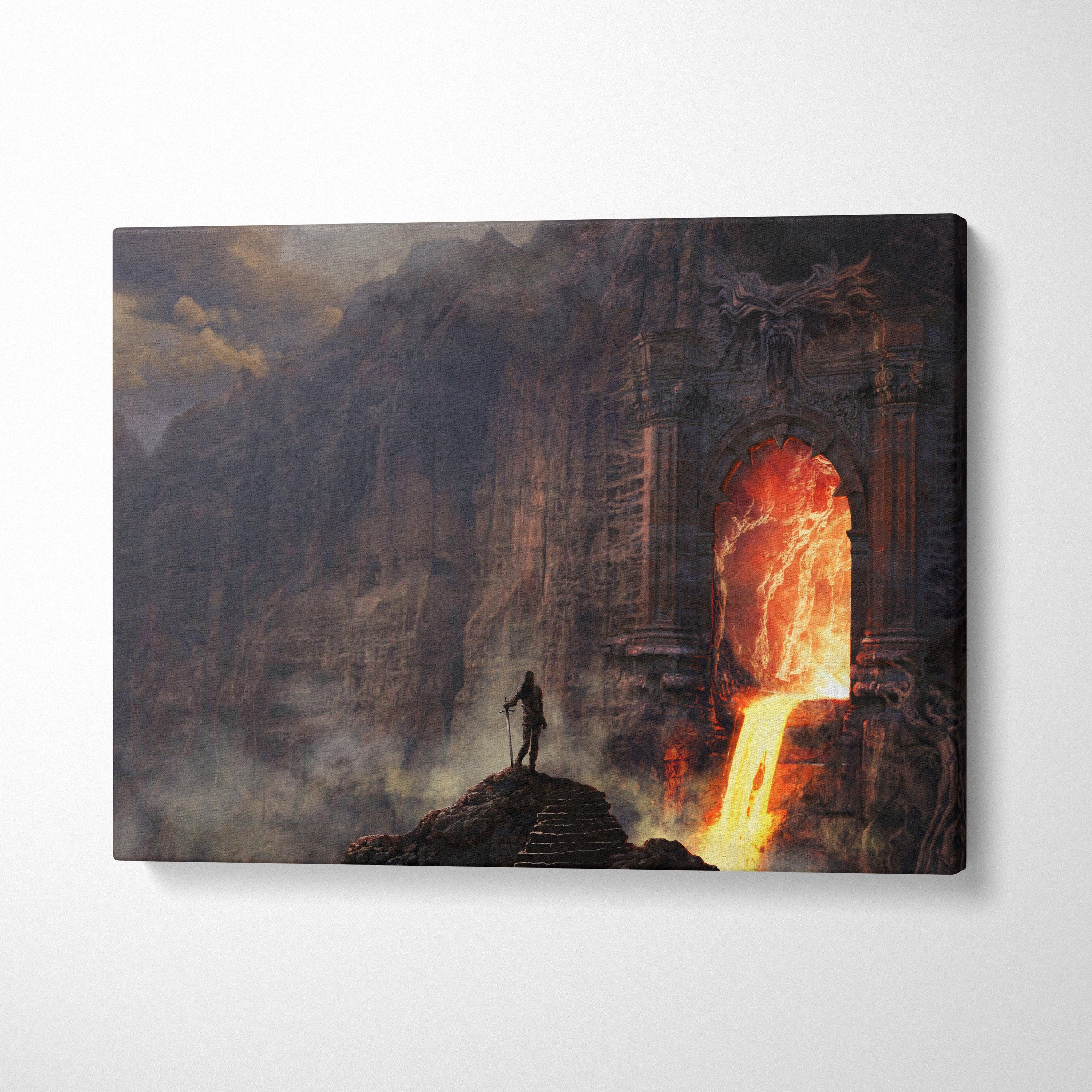 Infernal gate canvas wall art showing a lone figure pouring lava through an ancient stone archway in fiery dark tones