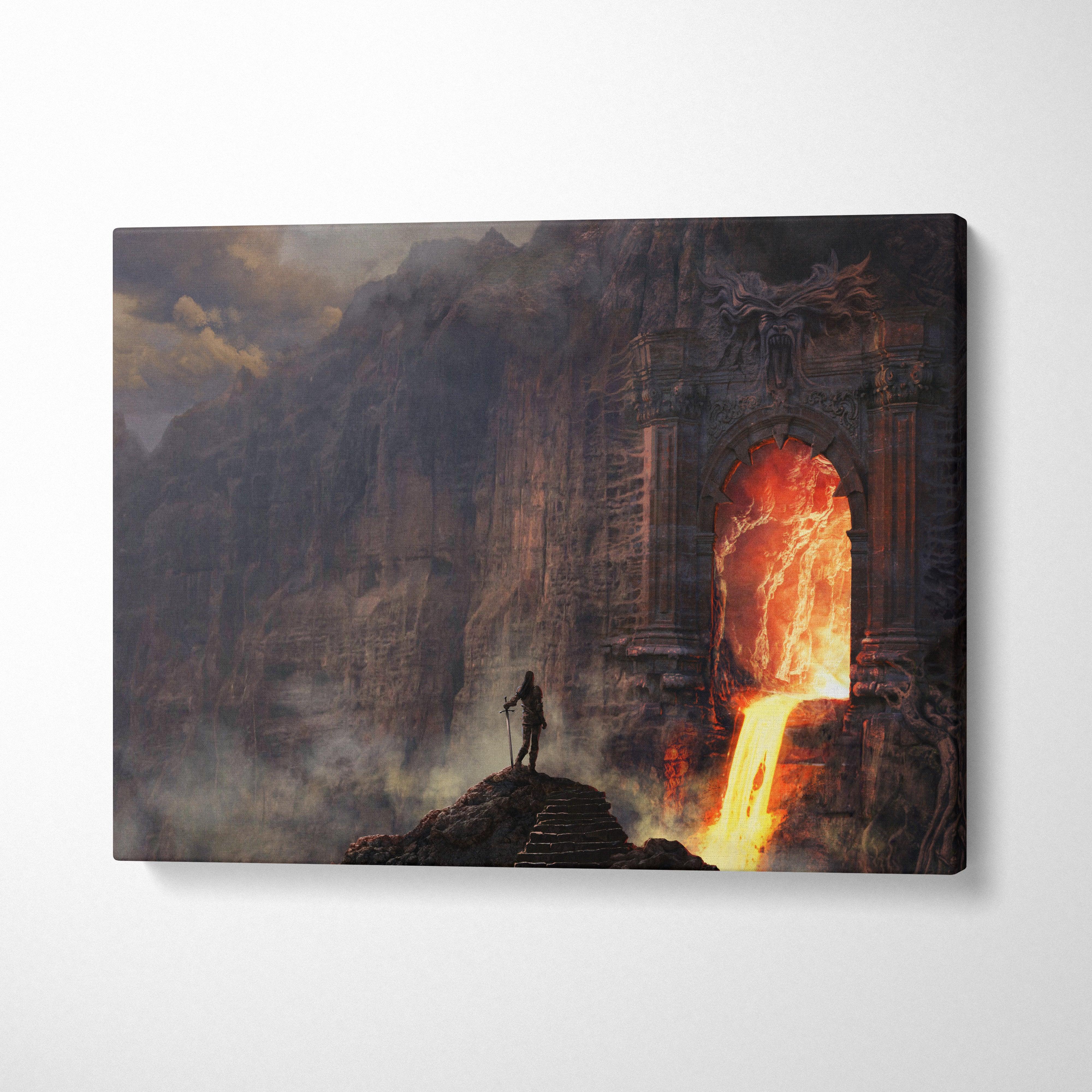 Infernal gate canvas wall art showing a lone figure pouring lava through an ancient stone archway in fiery dark tones